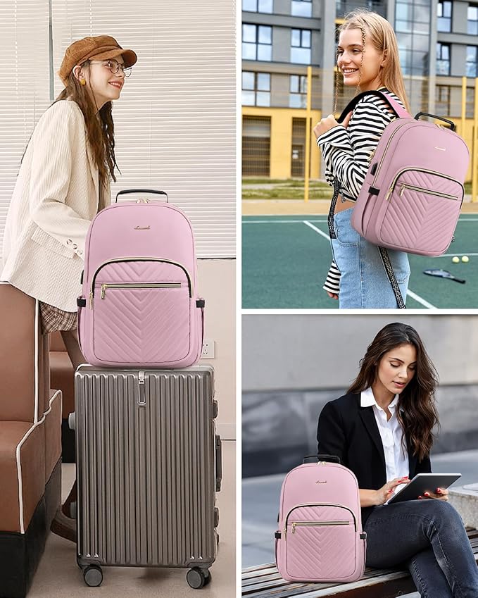 LOVEVOOK Laptop Backpack Purse for Women, Work Travel Computer Bags, College School Backpack for Student Girl, Quilted Casual Daypack with USB Port, Fit 15.6 Inch Laptop, Light Pink