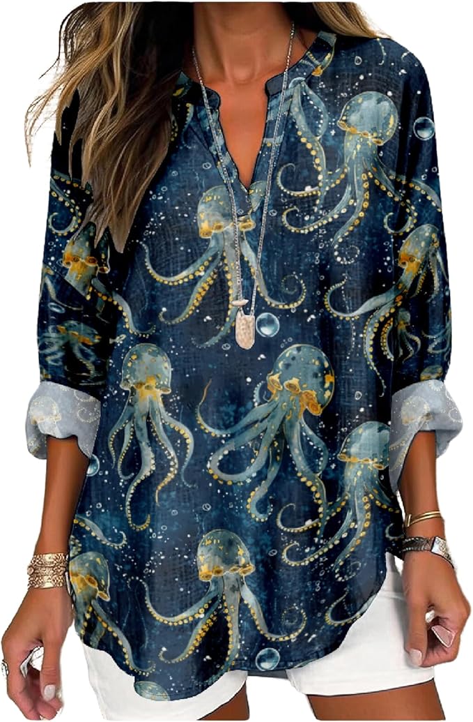 MARSVOVO V Neck Shirt For Women Boho Multi Style Blouse Long Sleeve Novelty Graphic Plus Size Pullover Tops For Women