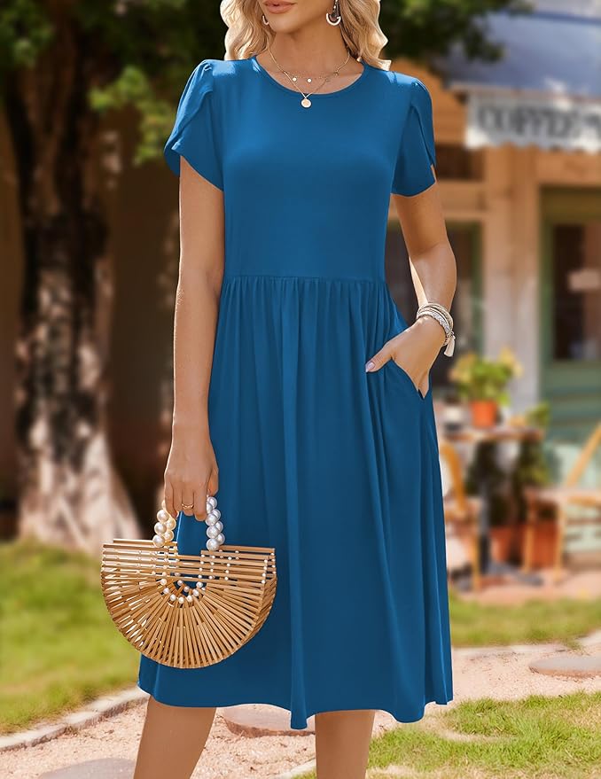 HOTOUCH Women's Summer A-Line Midi Dresses 2026 Casual Floral Short Sleeve T-Shirt Dress Flowy Beach Sundress with Pockets