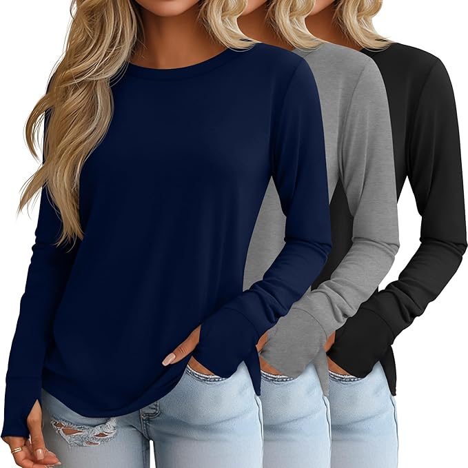 Huukeay 3 Pack Women's Long Sleeve Shirts with Thumb Holes, Cotton Casual Crew Neck Tunic Tops Fall Loose Y2k Trendy Outfits