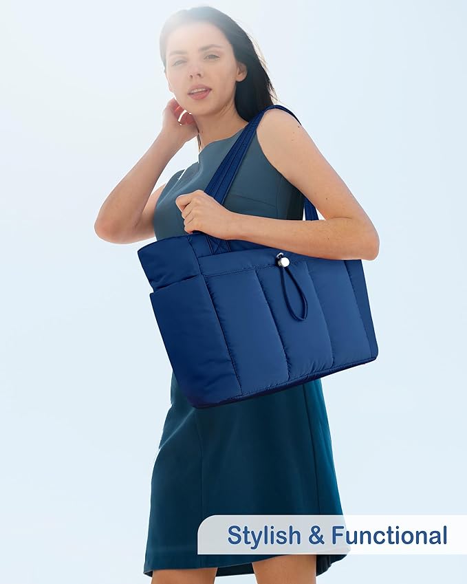 TOPDesign Puffy Tote Bag for Women with Cup Holder & Laptop Compartment & Cosmetic Bag & Trolley Sleeve for Work, Travel