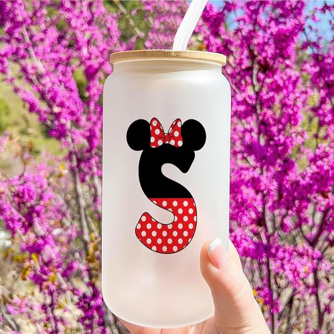 Cute Cartoon Mouse Lover Gifts Initial A-Z Personalized Iced Coffee Cup Magic Mouse Stuff Wizard Gift 16oz Glass Cup with Lid and Straws Birthday Christmas Gifts for Women Teen Girls (Letter S)