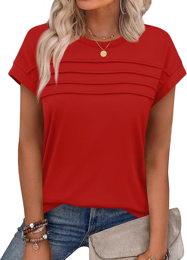 WEESO Womens Summer Tops Trendy 2026 Cap Sleeve T Shirts Crew Neck Pleated Front Beach Vacation Clothes Fashion