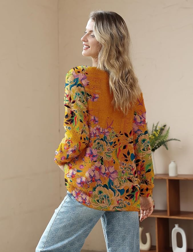 YESNO Women Christmas Sweater Graphic Printed Oversized Pullover Sweaters Casual Loose Knit Tops S01