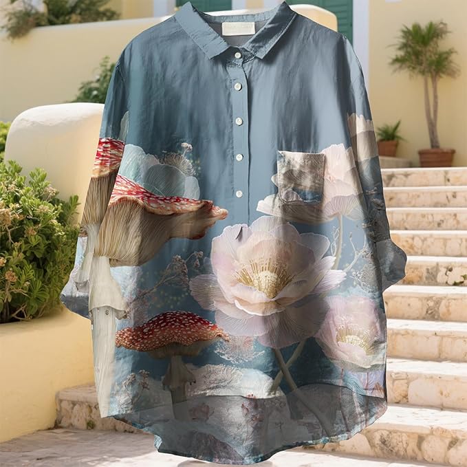Women Funny Graphic Long Sleeve Floral Blouses Plus Size Button Shirts Casual Cute Vneck Fall Tunic Tops Trendy