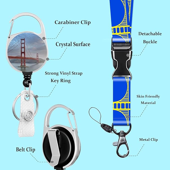 Id Badge Holder with Breakaway Lanyard Bridge View san Francisco Badge Reel Retractable Heavy Duty and Detachable Name Tag Clips Lanyards for Id Badges, Nurse Teacher Office Gifts