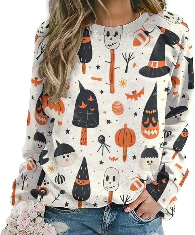 Spatofa Womens novelty funny cat printed crewneck sweatshirt casual loose long sleeve graphic pullover sweatshirts tops