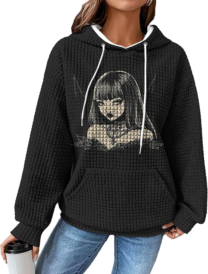 domirica Black Pullover Sweatshirts For Women Trendy Long Sleeve Waffle Sweatshirt With Hood Comfy Fall Clothing Qutfits