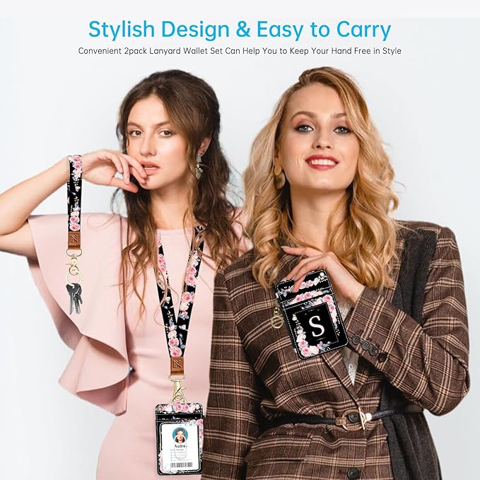 A-Z Letter 2-in-1 ID Badge Holder & Lanyard Wallet for Teachers,Nurse,Professionals-Cute Zippered Coin Pouch,Removable Wristlet & Neck Lanyard,5 Card Slots Stylish Work Essential S