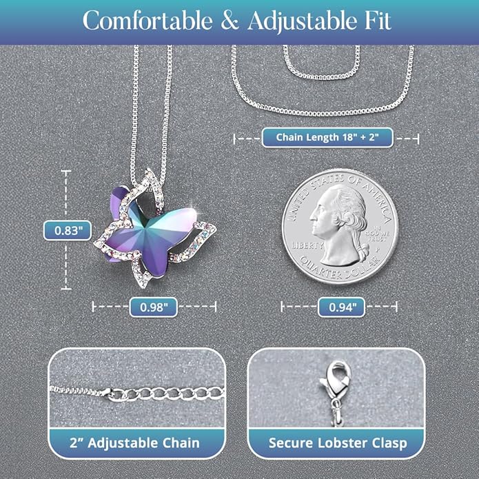 GEMMANCE Gift Butterfly Birthstone Crystal Necklace, Silver Tone with 18”+2” Chain, Necklace for Mother’s Day Anniversary Birthday Gifts for Women and Daughter, Valentine's Day
