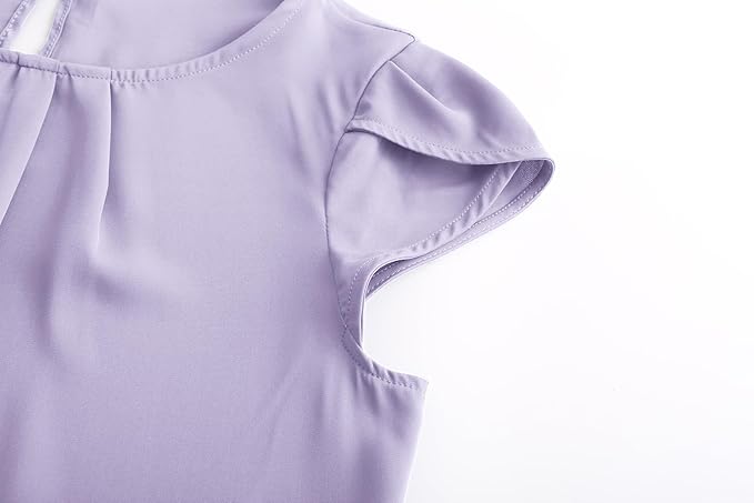 TASAMO Women's Casual Round Neck Basic Pleated Top Cap Sleeve Curved Keyhole Back Chiffon Blouse
