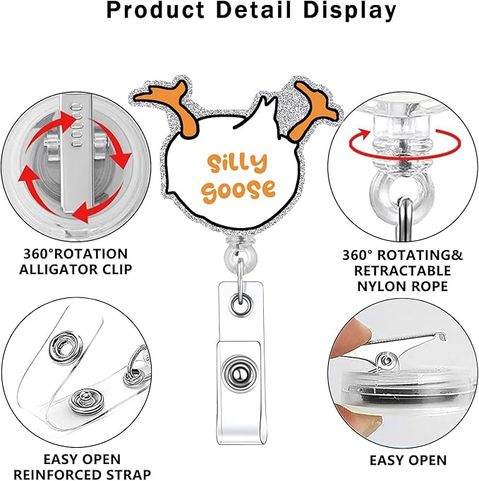 Silly Goose Badge Reel Retractable Funny Cute Badge Holder with beadable Badge reels ID Clip Name Tag Card Tag Card Badge Clip Acrylic Accessories Gifts Nurse