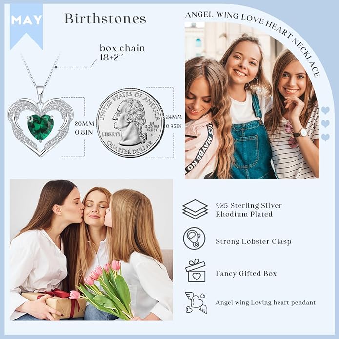 Jurikko Heart Necklaces Valentine's Gift for Women, Birthstone 925 Sterling Silver Angel Wings Love Pendant Necklaces for Women, Jewelry Gifts for Wife, Anniversary, Mother's day