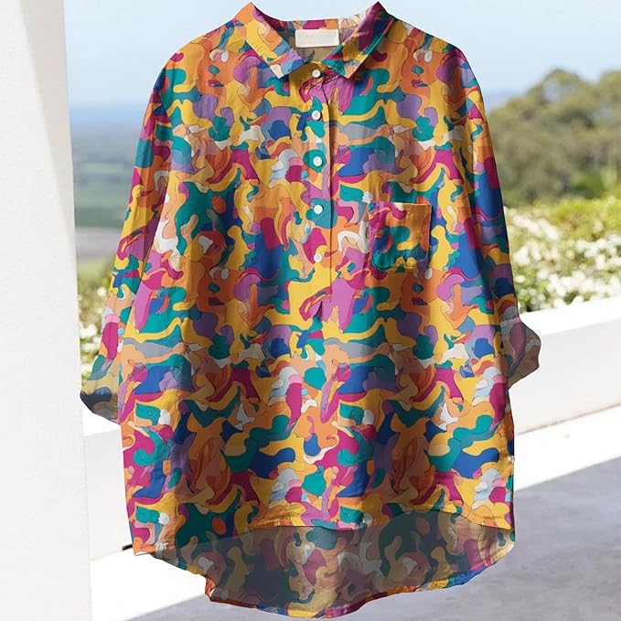 Womens Boho Tops 3/4 Long Sleeve Floral Blouses Hawaii Beach Button Down Shirts V Neck Pullover Casual Tunics