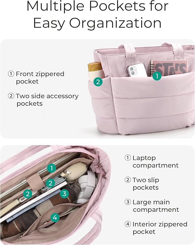 BAGSMART Tote Bag for Women, Lightweight Puffy Tote Bag with Compartments Shoulder Bag Handbag for Travel, Work, Gym | Lightweight, Puffy, Tote Bag with Compartments, Quilted, for Travel, Work