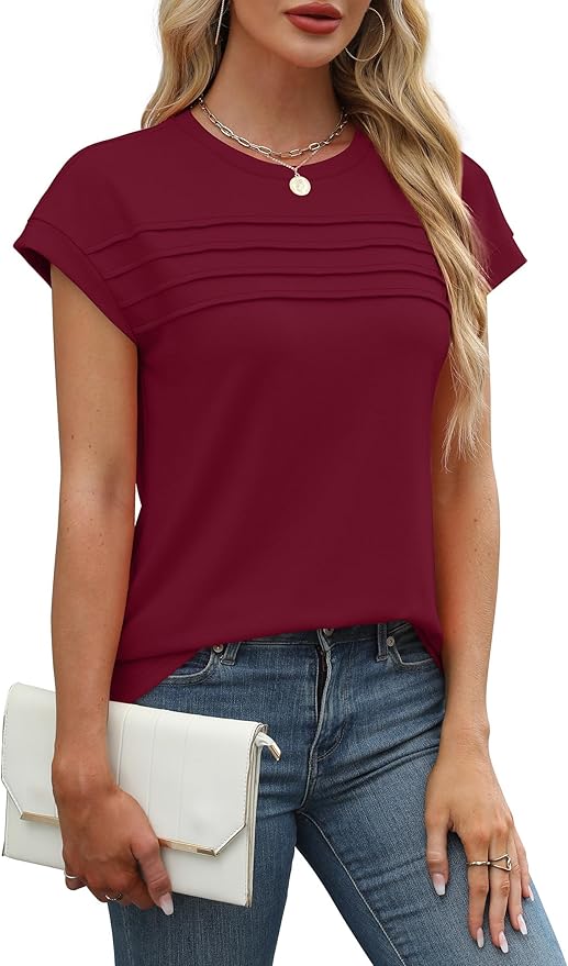WEESO Womens Summer Tops Trendy 2026 Cap Sleeve T Shirts Crew Neck Pleated Front Beach Vacation Clothes Fashion