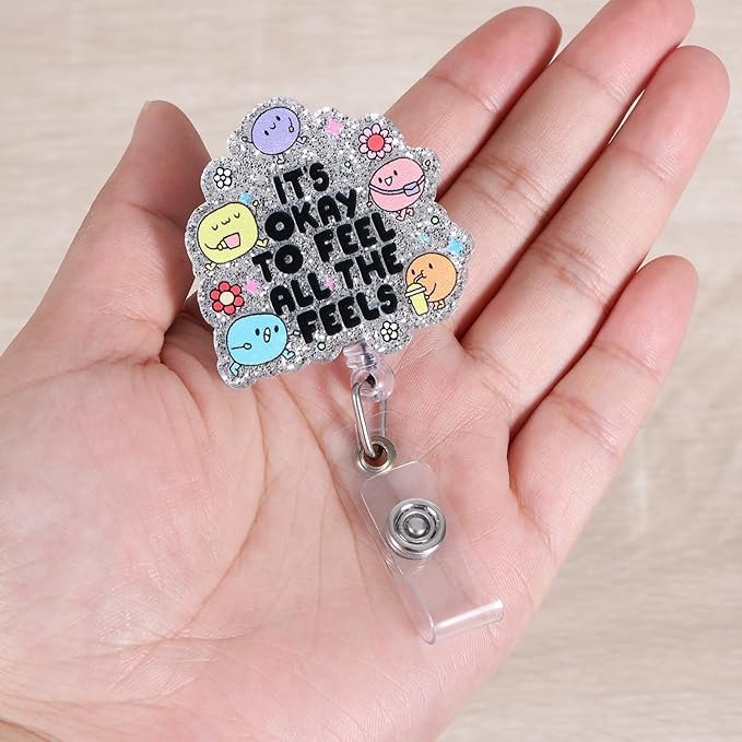 It's Okay to Feel All The Feels Funny Badge Reel | Inspirational Mental Health ID Holder for Nurses, Teachers, Social Worker Gifts, & Psychologists | Retractable Badge | Office Stocking Stuffer