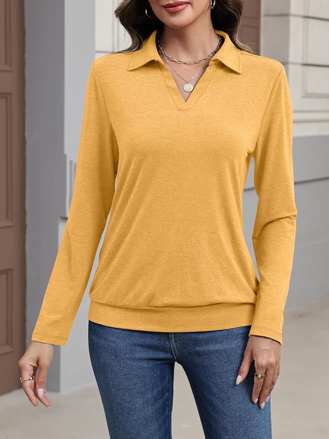 Womens Polo Shirts Long Sleeve Banded Bottom Tops Business Casual Tops Collared V Neck Blouses