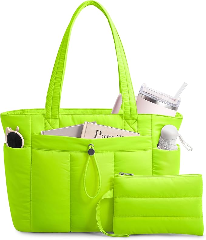 TOPDesign Puffy Tote Bag for Women with Cup Holder & Laptop Compartment & Cosmetic Bag & Trolley Sleeve for Work, Travel
