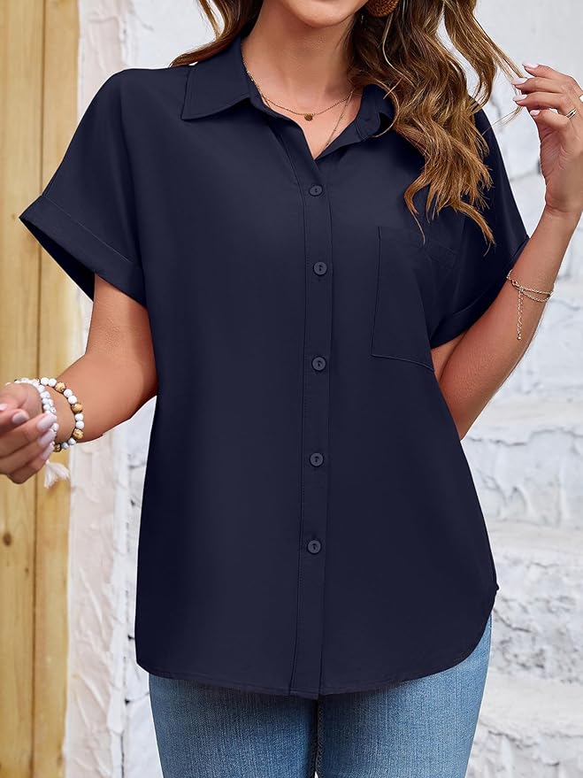 Womens Button Down Shirt Casual Short Sleeve Collared Work Blouse with Pocket