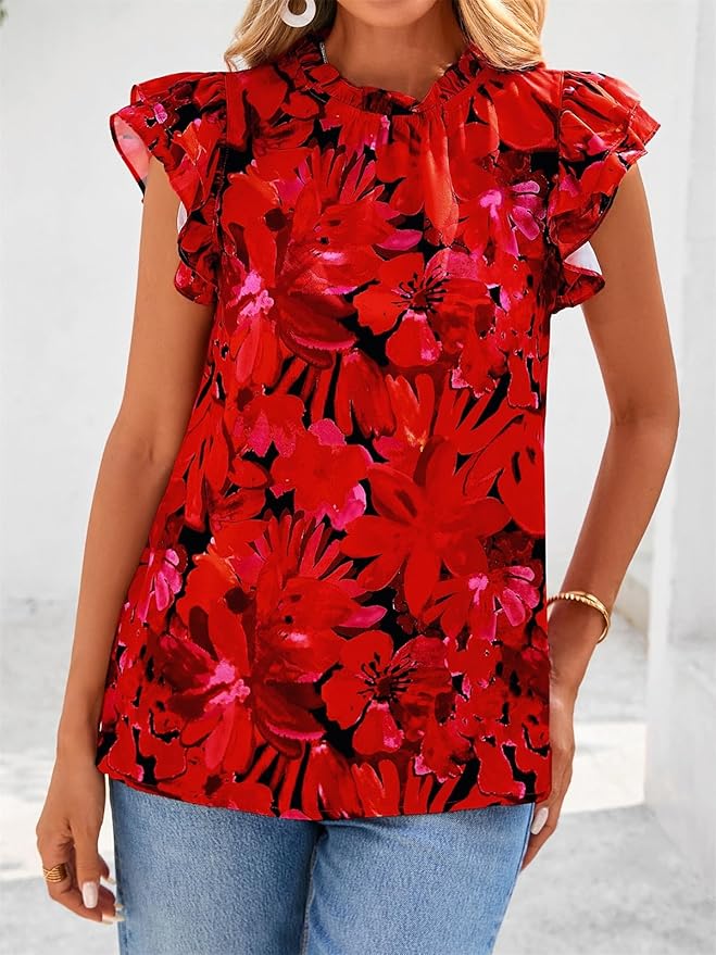 PRETTYGARDEN Women's Ruffle Short Sleeve Summer Tops 2026 Trendy Floral Trim Neck Casual Dressy Chiffon Boho Blouses Shirts