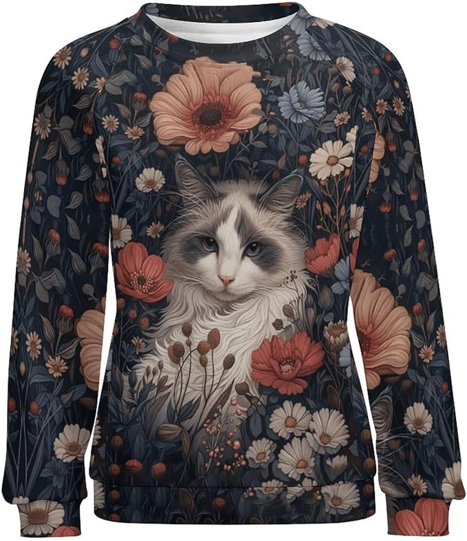 Spatofa Womens novelty funny cat printed crewneck sweatshirt casual loose long sleeve graphic pullover sweatshirts tops