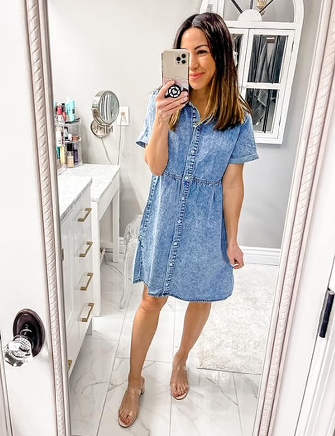 LookbookStore Women's Short Sleeve Button Down Flowy Tiered Babydoll Denim Dress