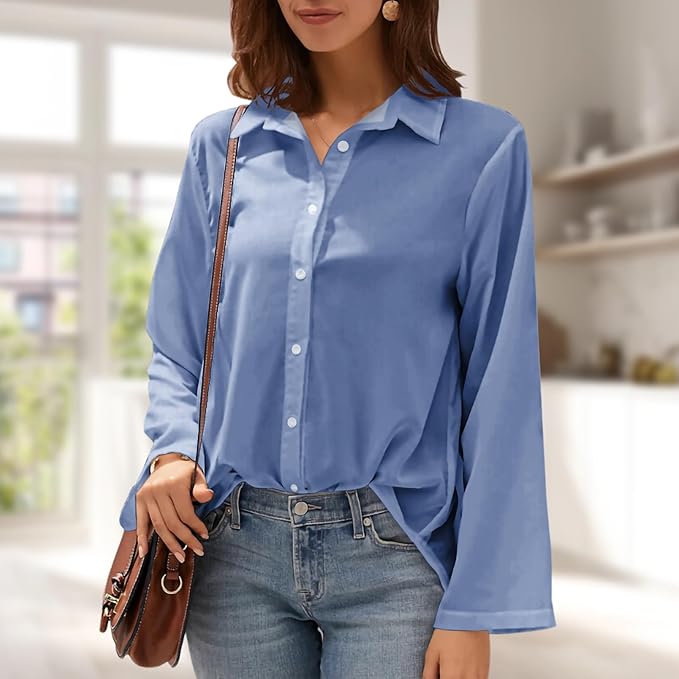 Womens Classic Shirts Casual Button Solid Color Long Sleeve Work Blouse Collared Relaxed Fit Summer Tops