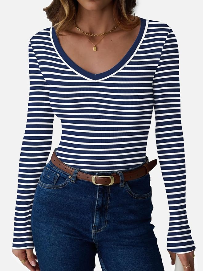 Womens 3/4 Sleeve Scoop Neck Top Ribbed Knit Slim Fitted Casual Basic Tee Shirts 2025 Fall Trendy Work T-Shirt Outfits