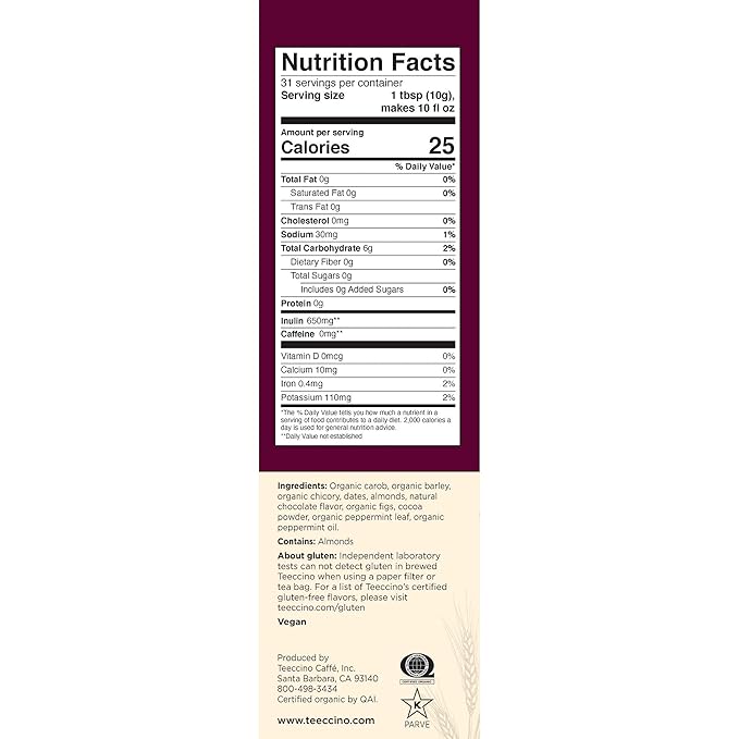 Teeccino Chocolate Mint Chicory Coffee Alternative - Ground Herbal Coffee That’s Prebiotic, Caffeine Free & Acid Free, Light Roast, 11 Ounce (Pack of 3)