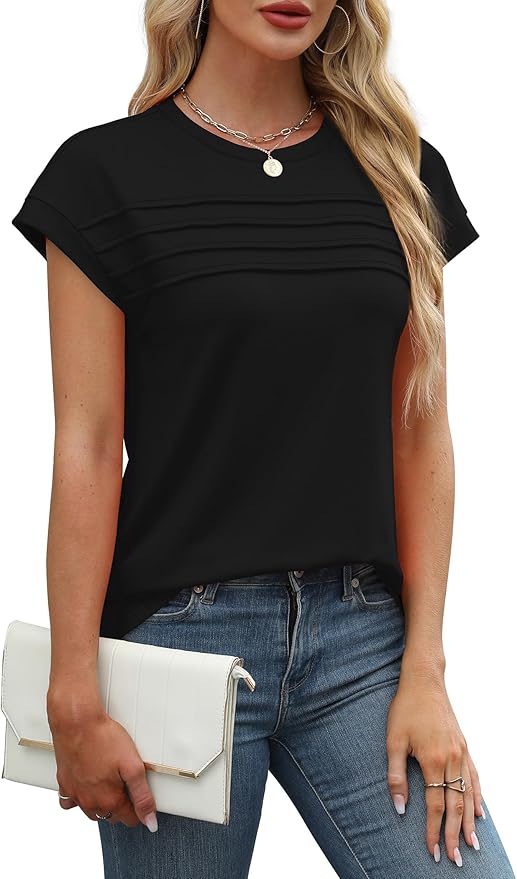WEESO Womens Summer Tops Trendy 2026 Cap Sleeve T Shirts Crew Neck Pleated Front Beach Vacation Clothes Fashion