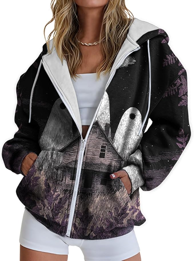 domirica Halloween Hoodie Lightweight Zip Hoodies For Women Fall Casual Vintage Sweatshirt Casual Wear Fashion Outfits