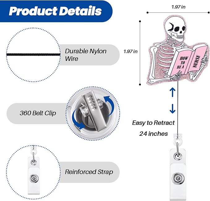 Funny Skeleton Nurse Badge Reel, How to BE A Nurse Fun Badge Holder with Retractable Clip, Pink Medical Badge Clip for RN CNA LPN LVN Hospital Medical Worker Nursing Student