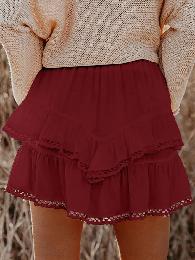 Aoudery Flowy Shorts for Women Casual Boho Ruffle Tiered Skorts High Waist Mini Skirts Golf Tennis Crochet Shorts