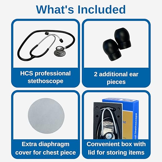 HCS Black Stethoscope, Classic Lightweight - Medical, Dual Head Stethoscopes for Nurses, Nursing School, Student Essentials, Work, Home - 22 inch Tubing