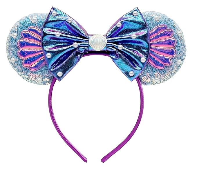 WW-WONDERFULWORLD Mouse Ears Headbands With Shiny Sequins and Exquisite Shell & Pearl Decoration, for Girls Costume Cosplay Glitter Party, Purple+Blue; BK-L