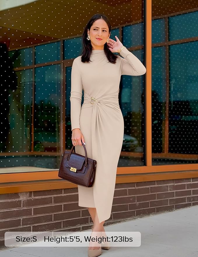 ZESICA Women's 2026 Spring Long Sleeve Bodycon Dress Mock Neck Wedding Guest Cocktail Party Long Midi Dresses