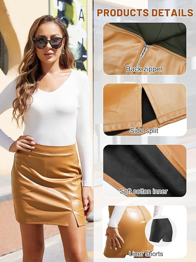 We1Fit Womens Fuax Leather Skirt High Waisted Bodycon Pencil Mini Skirts with Shorts