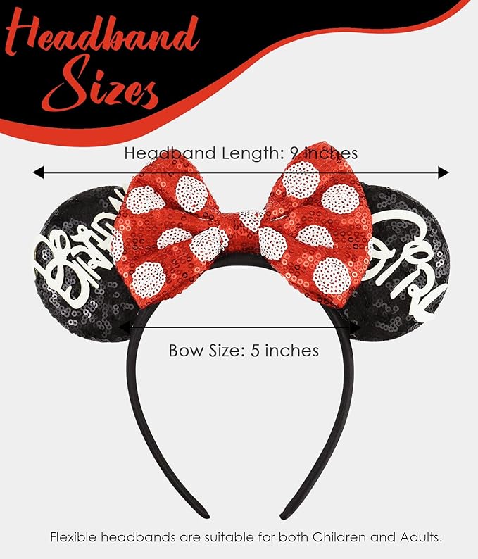 LIHELEI Mouse Ears Headband for Birthday Women, Sequin Mouse Ears for Women Princess Birthday Party Halloween Costume, Shiny Park Ears for Adult - Red and Black
