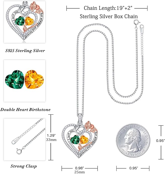 Iefil Valentines Day Gifts for Her - 925 Sterling Silver Double Birthstone Necklace, Anniversary Birthday Gifts for Women, Jewelry Gift for Wife Girlfriend Mom Her