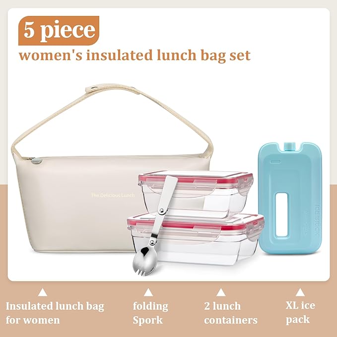 Lunch Bag Set For Women Insulated Leather Woman Lunch Bag With 2 Lunch Box Containers Spoon and Ice Pack Leakproof Reusable High Capacity Lunch Tote Bags for Work, Travel, Outdoor