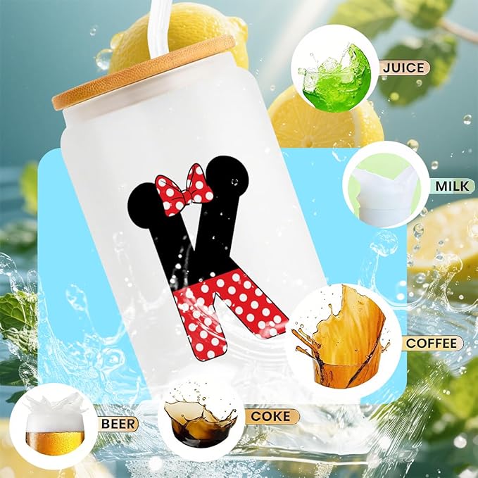 Cute Cartoon Mouse Lover Gifts Initial A-Z Personalized Iced Coffee Cup Magic Mouse Stuff Wizard Gift 16oz Glass Cup with Lid and Straws Birthday Christmas Gifts for Women Teen Girls (Letter K)