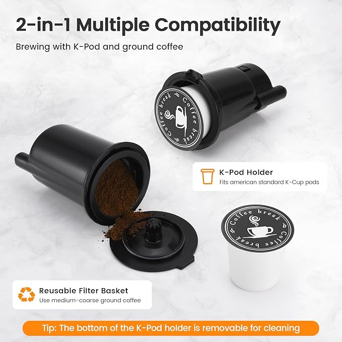 Horavie Single Serve Coffee Maker for K-Cup Pod and Grounds, Hot and Iced Coffee Maker, Strong Button Feature, 6 to 14oz Brew Sizes, 50oz Removable Reservoir, Fit 6.5" Mugs, Stainless Steel, White