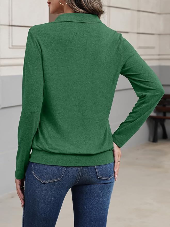 Womens Polo Shirts Long Sleeve Banded Bottom Tops Business Casual Tops Collared V Neck Blouses