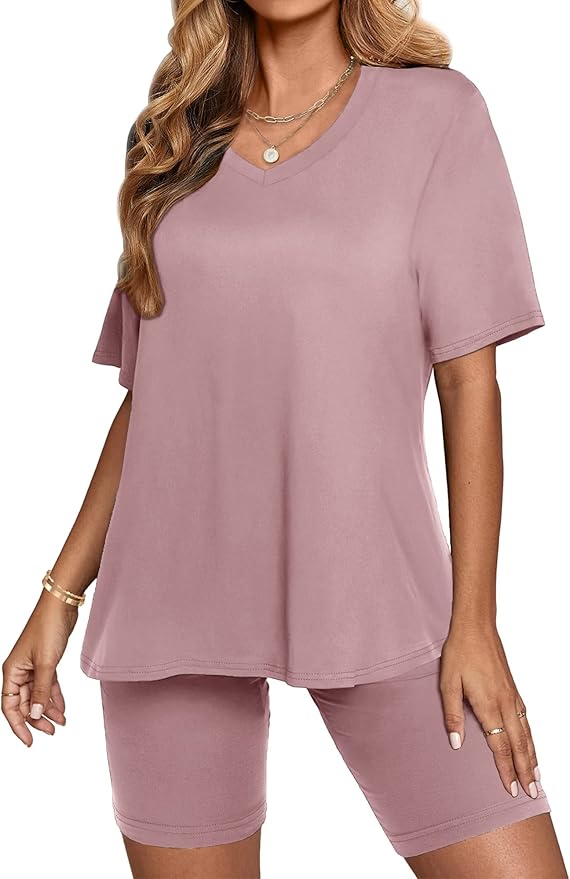 AGSEEM Two Piece Outfits For Women Summer V Neck T-Shirt Tops Biker Shorts Workout Sports Tracksuit