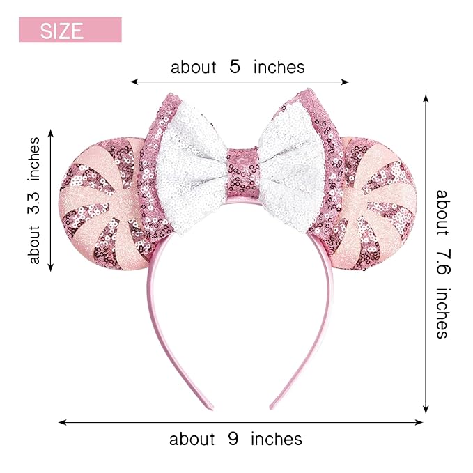 bianbaistar Pink Sequin Mouse Ear Headband – Adorable Candy Stripe Design with Bowknot, Perfect for Birthday Celebrations, Festivals, and Themed Party Costumes