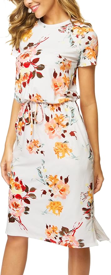 Simier Fariry Womens Spring Hide Belly Knee Length Travel Dress Pocket Summer Short Sleeve Midi Work Casual Outfits
