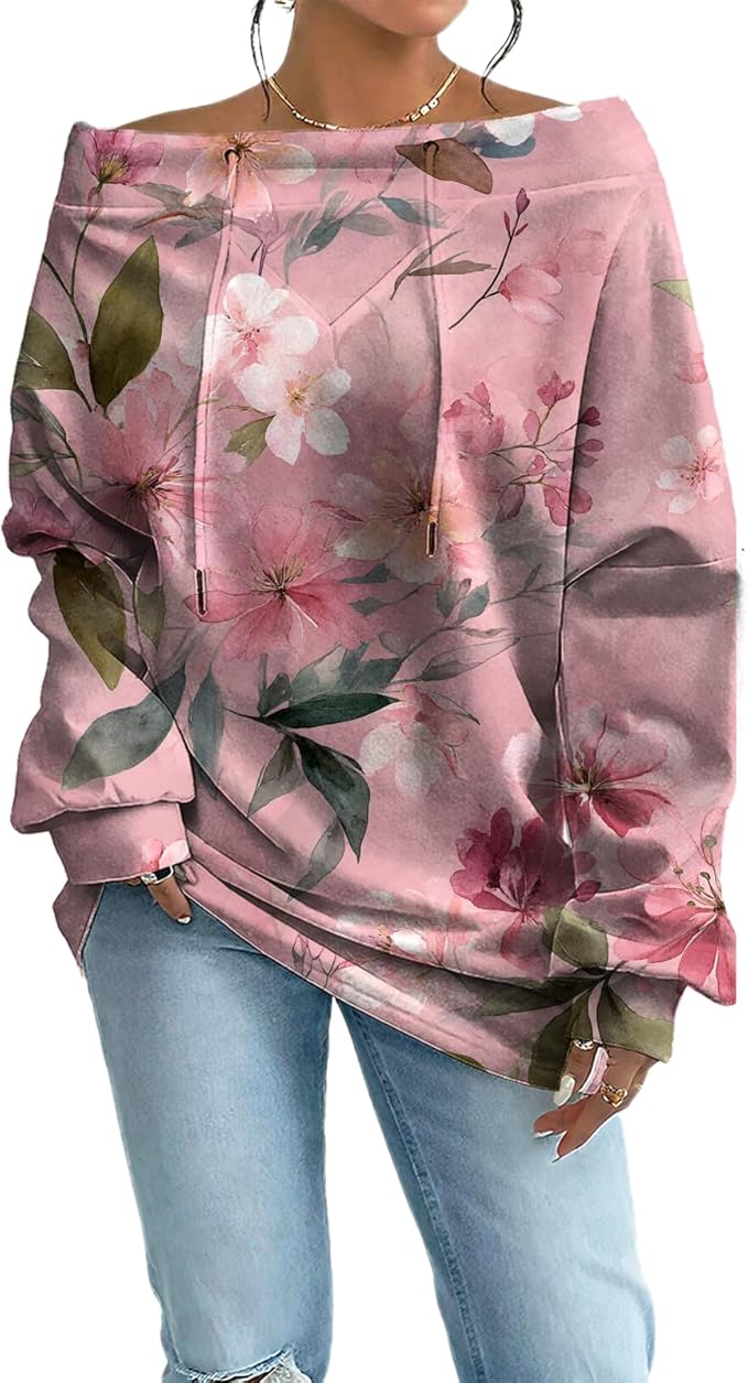 Womens Sweatshirts Floral Print Sexy Off The Shoulder T Shirts Oversized Long Sleeve Pullover Fall Tops