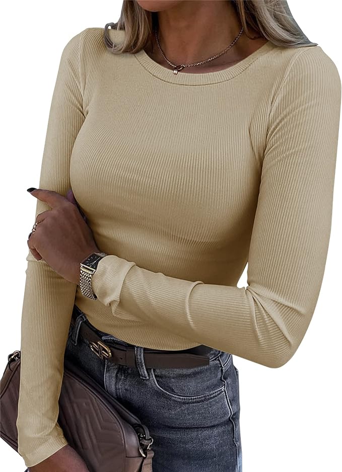 Roselux Womens Long Sleeve Stretch Crewneck Ribbed T-Shirt Fitted Casual Basic Tops