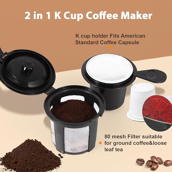 Aiosa 2 in 1 Single Serve Kcup Coffee Maker (6-14Oz), 800W Fast Brew, Compact Design with Reusable Filter, One-Button Auto Shut-Off, Travel Mug Fit, Compatible with K-Cup/Ground Coffee/Tea, Black